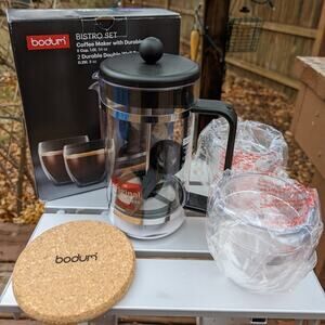 Bodum Bistro Set French Press Coffee Maker 34oz W/ 2 Double Wall Tumblers 8oz